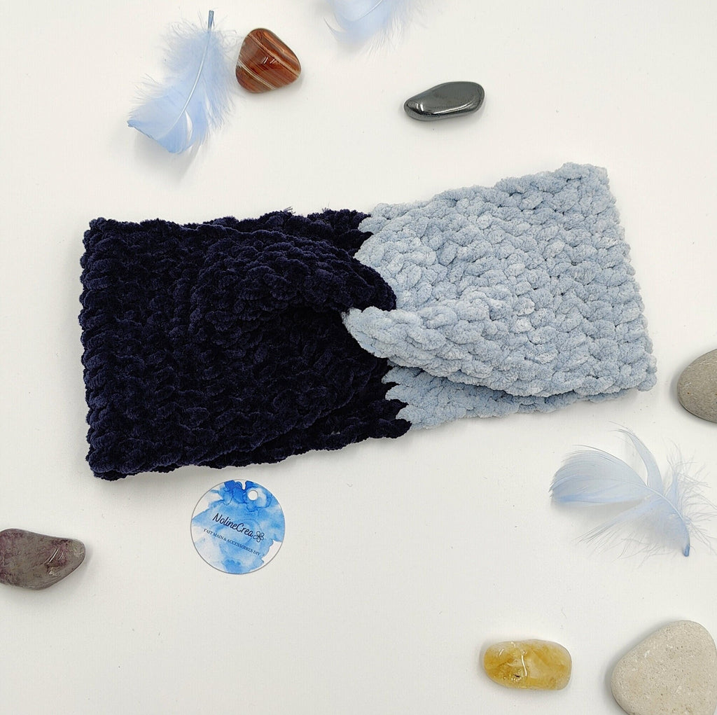 bandeau de tête au crochet bicolore bleu clair et foncé