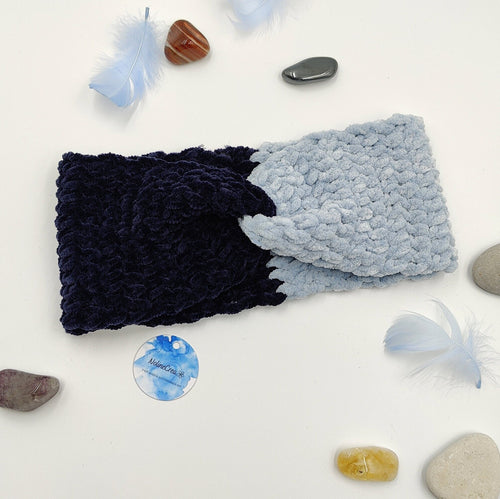 bandeau de tête au crochet bicolore bleu clair et foncé