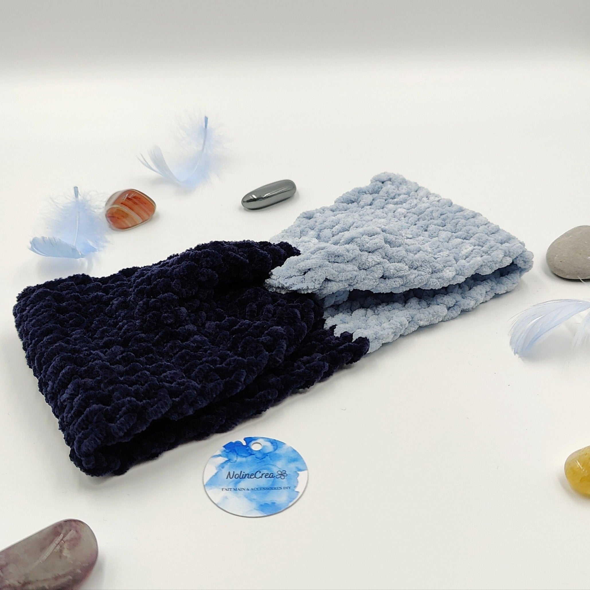 bandeau de tête au crochet bicolore bleu clair et foncé