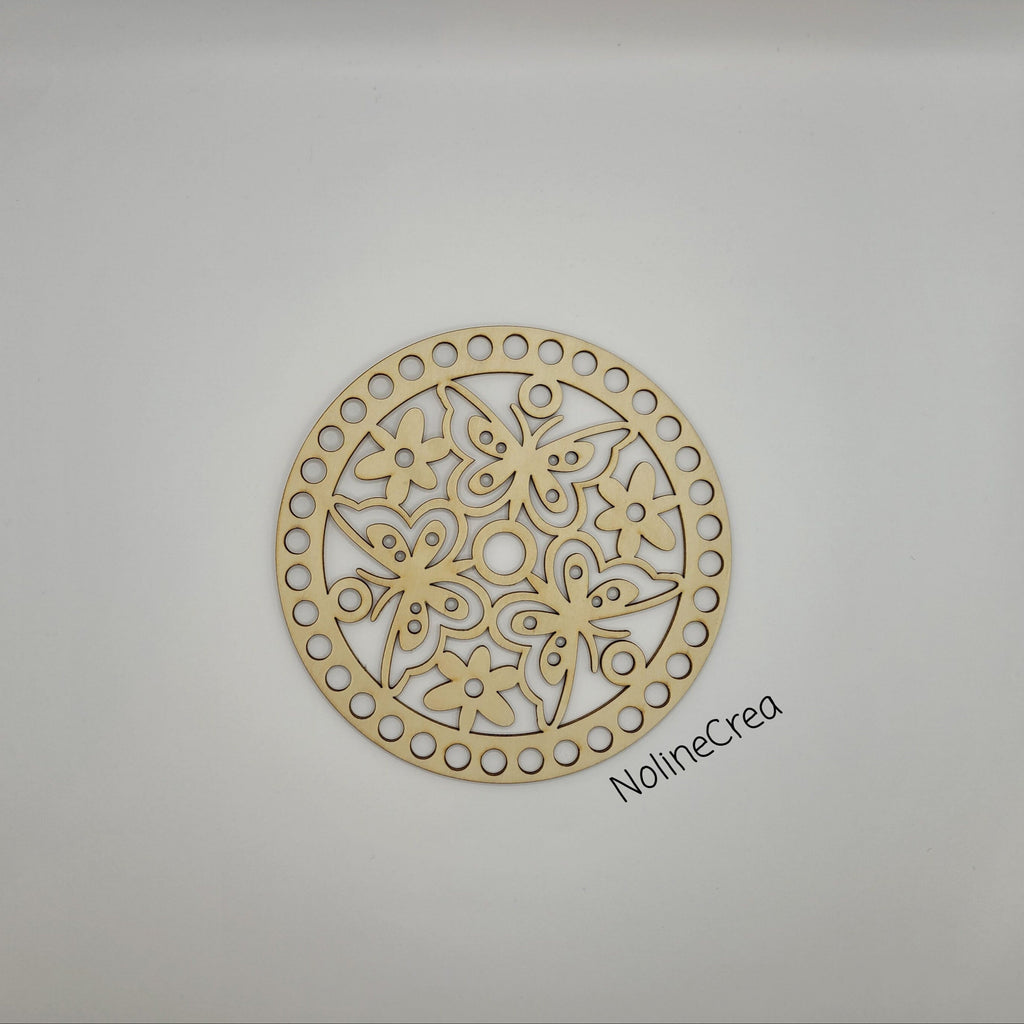 base en bois sculpté fleurs et papillons, pour création crochet
