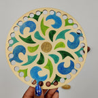 Fournitures créative, base en bois pré-percer, dessin mandala vert, bleu pour création diy
