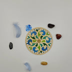 Fournitures créative, base en bois pré-percer, dessin mandala vert, bleu pour création diy
