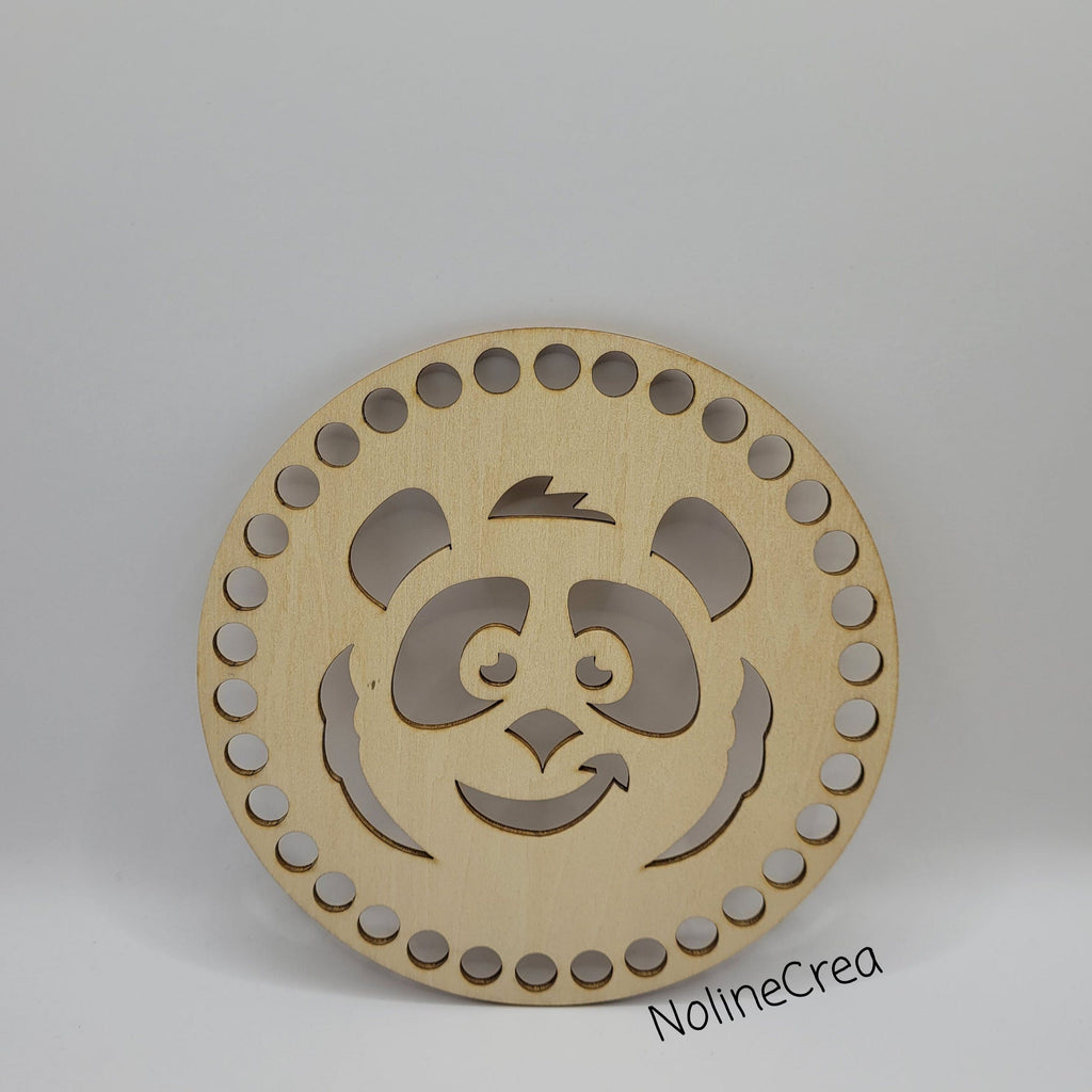 base en bois ronde 14 cm pré percé motif panda pour création crochet