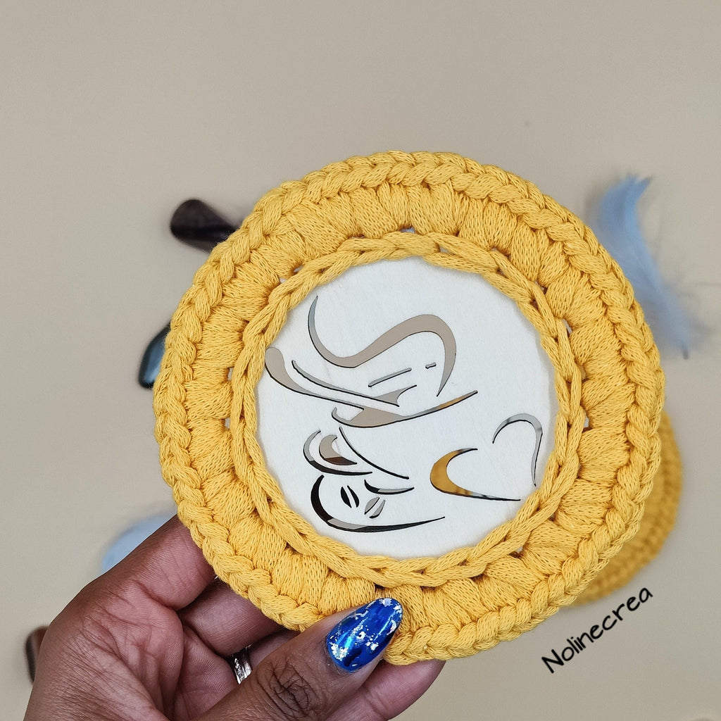 lot de deux set de dessous de tasse ou de verre, entourée de fil ruban orange ou jaune