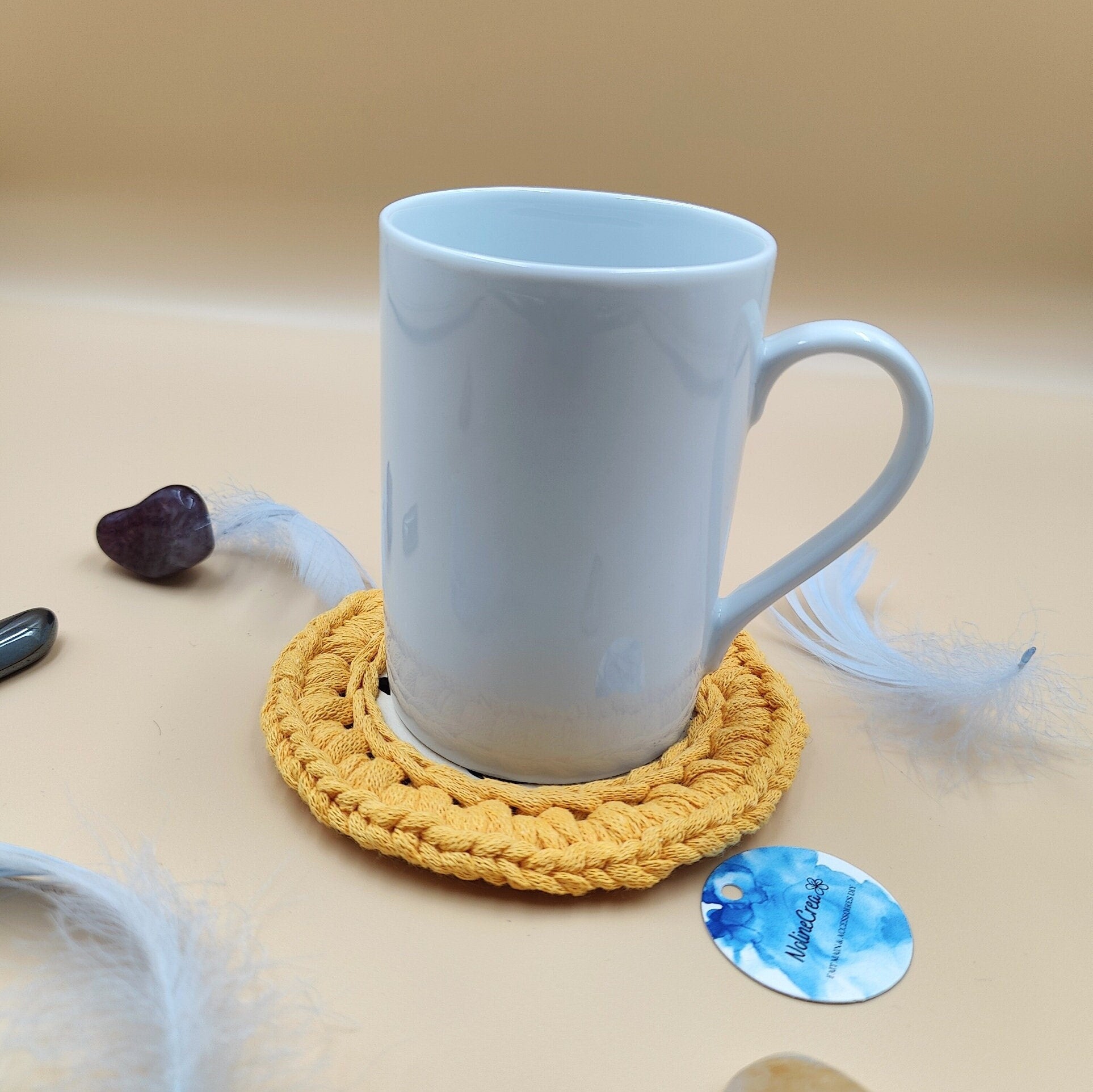 lot de deux set de dessous de tasse ou de verre, entourée de fil ruban orange ou jaune