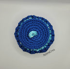 Panier au crochet fil tissus bleu avec couvercle au crochet bleu