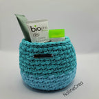 Petit panier au crochet nuances de bleu
avec exemple de produits