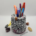 Petit pot au crochet base ronde imprimé rose, blanc et noir