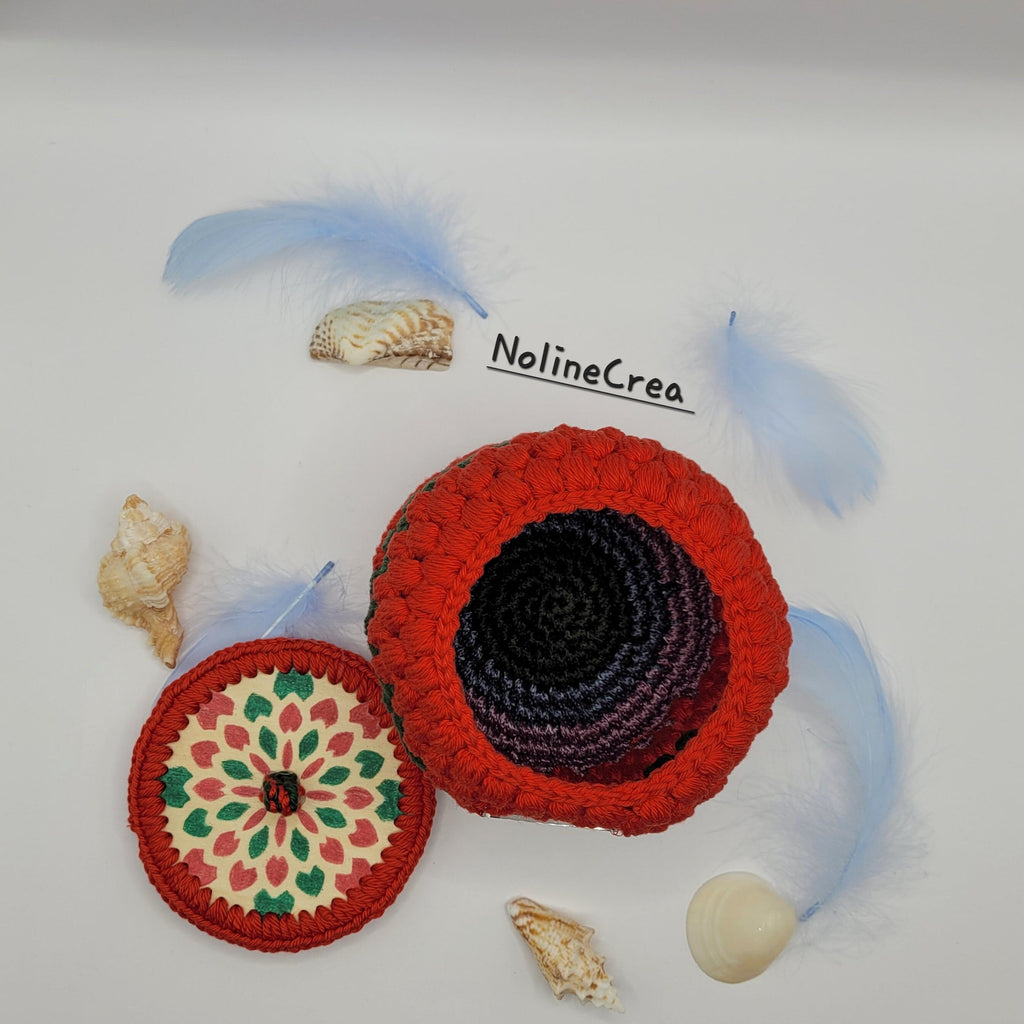 Petit pot fil coton rouge et vert avec couvercle customiser