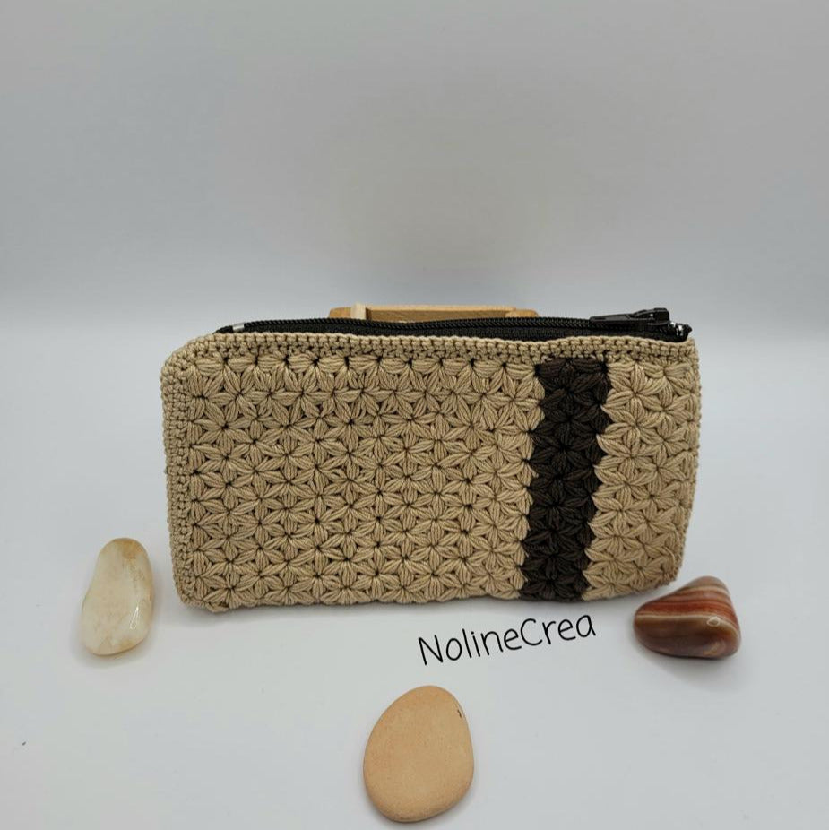 porte monnaie crochet point jasmin beige et marron