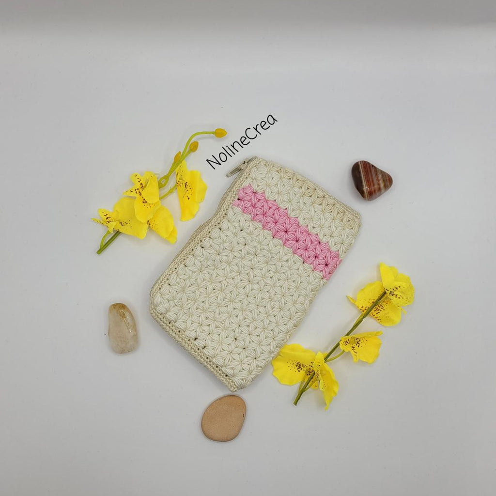 porte monnaie crochet point jasmin rose et beige