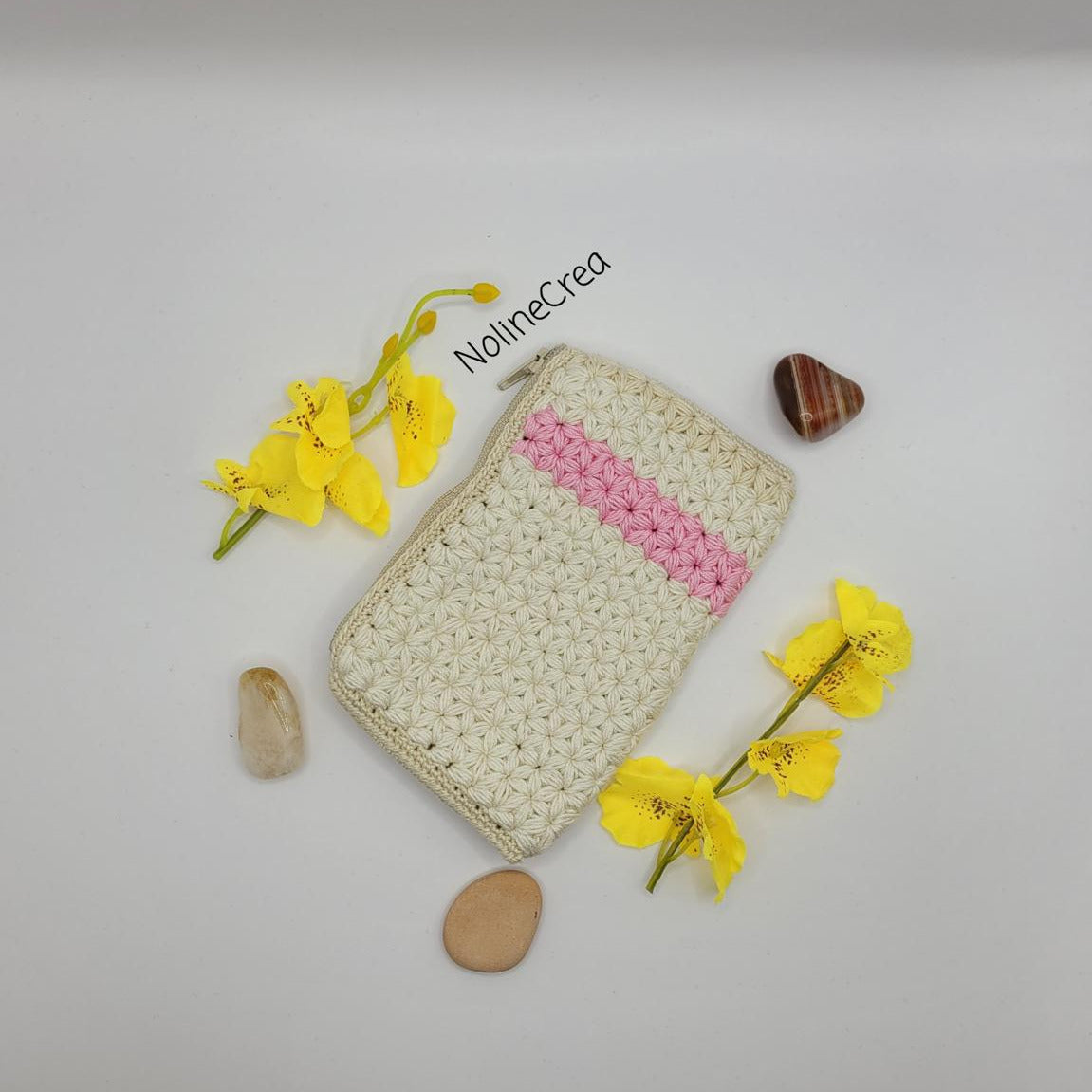 porte monnaie crochet point jasmin rose et beige