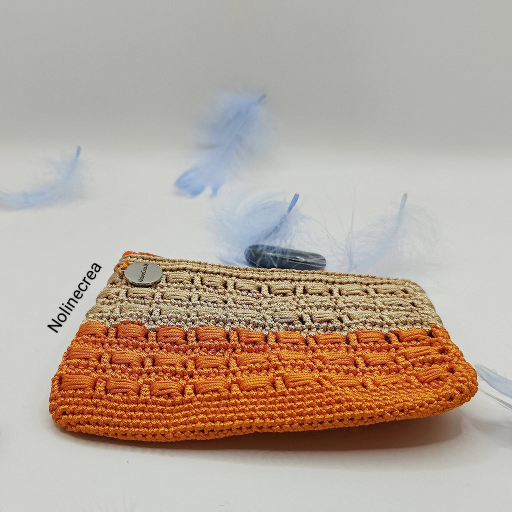 Petit porte monnaie beige et orange fait main au crochet