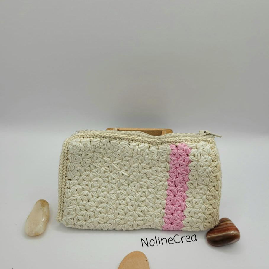 porte monnaie au crochet point jasmin beige et rose
