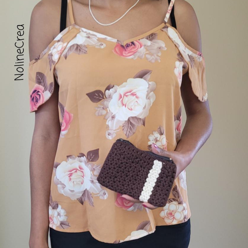 porte monnaie crochet point jasmin beige et marron