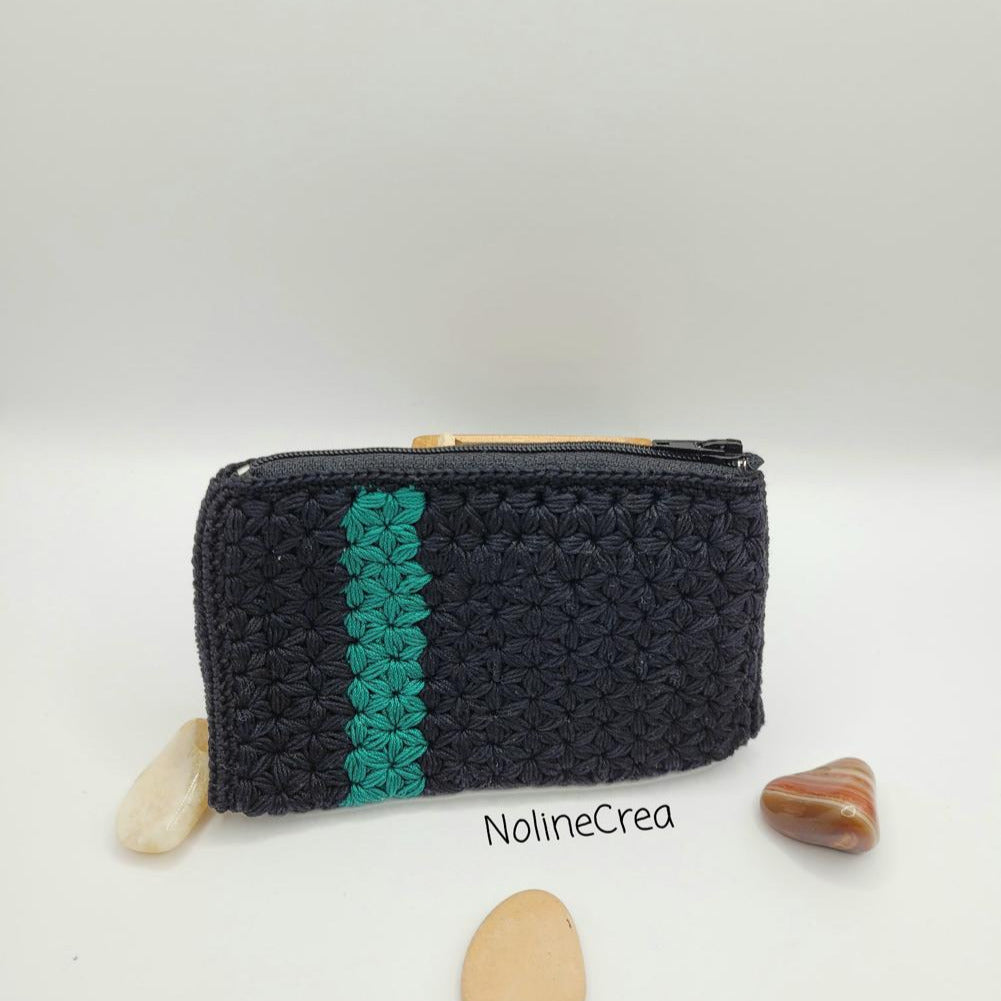 porte monnaie crochet point jasmin noir et vert
